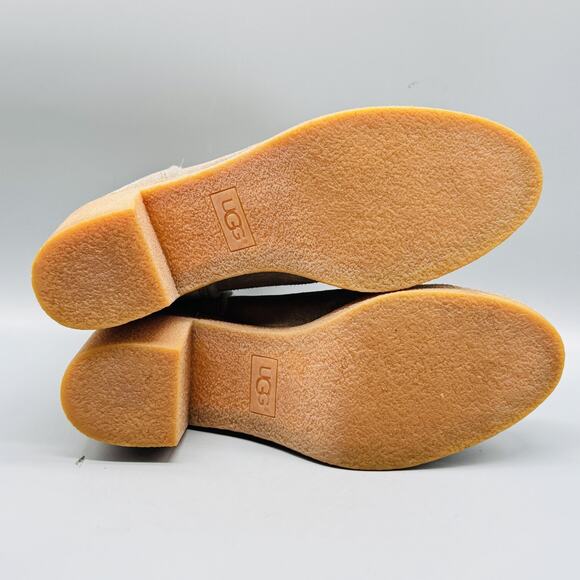UGG Boots Women 9.5 Brown Suede Shearling Lined Ankle Block Heel Booties Comfort - Picture 10 of 11